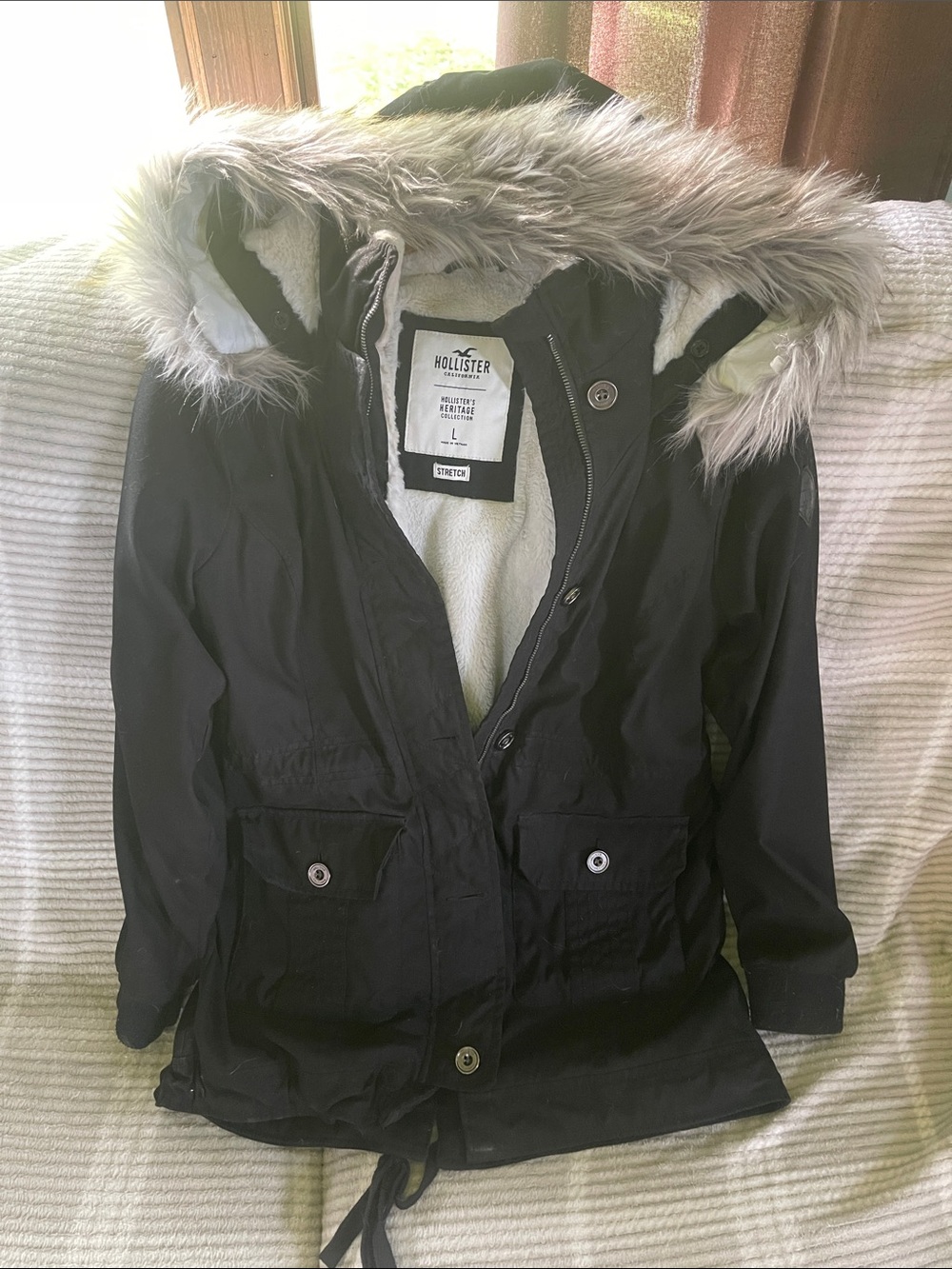 Hollister Black Parka Jacket with Faux-Fur Hood Trim